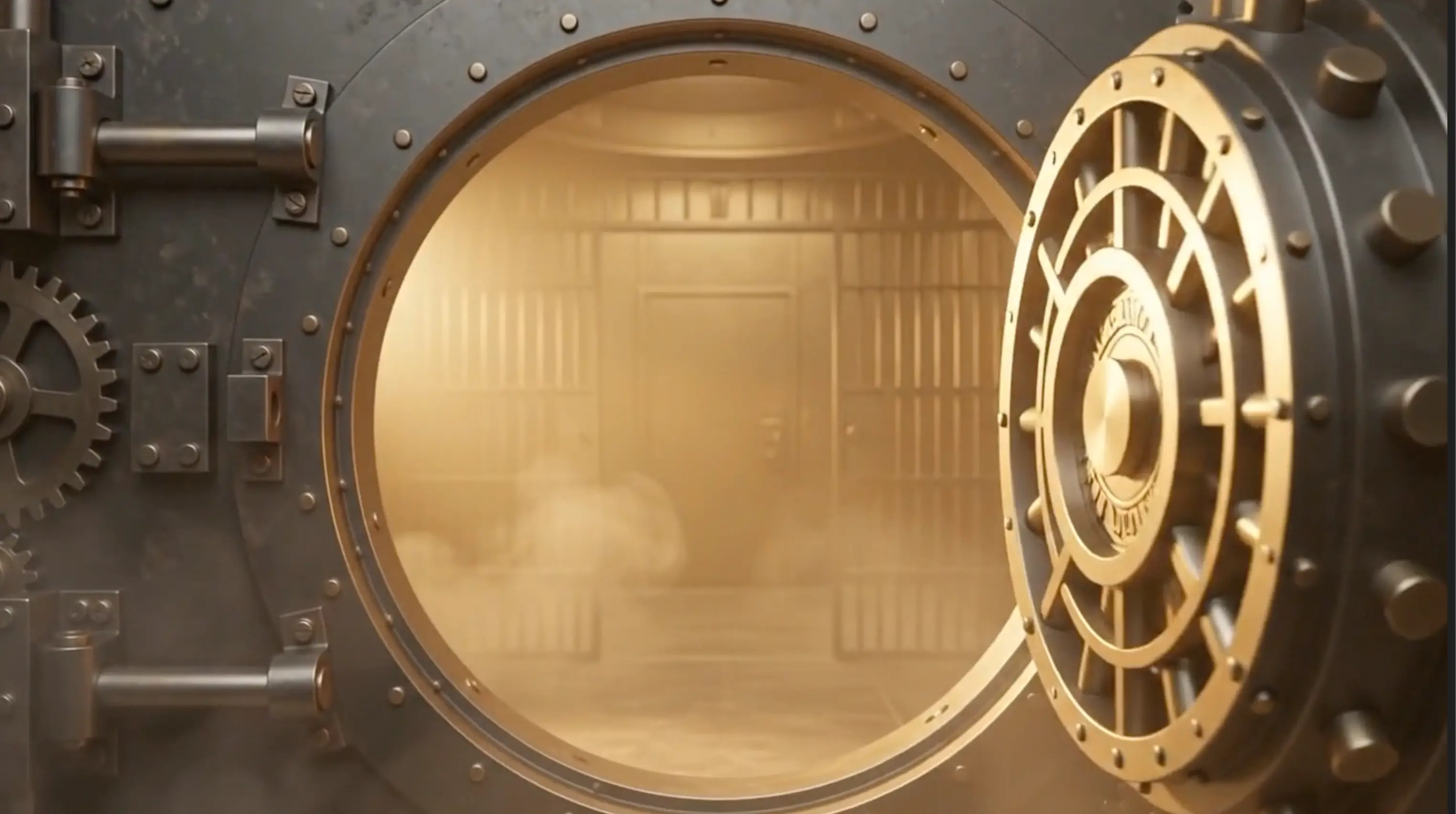 Brass vault door swinging open to reveal a private interior